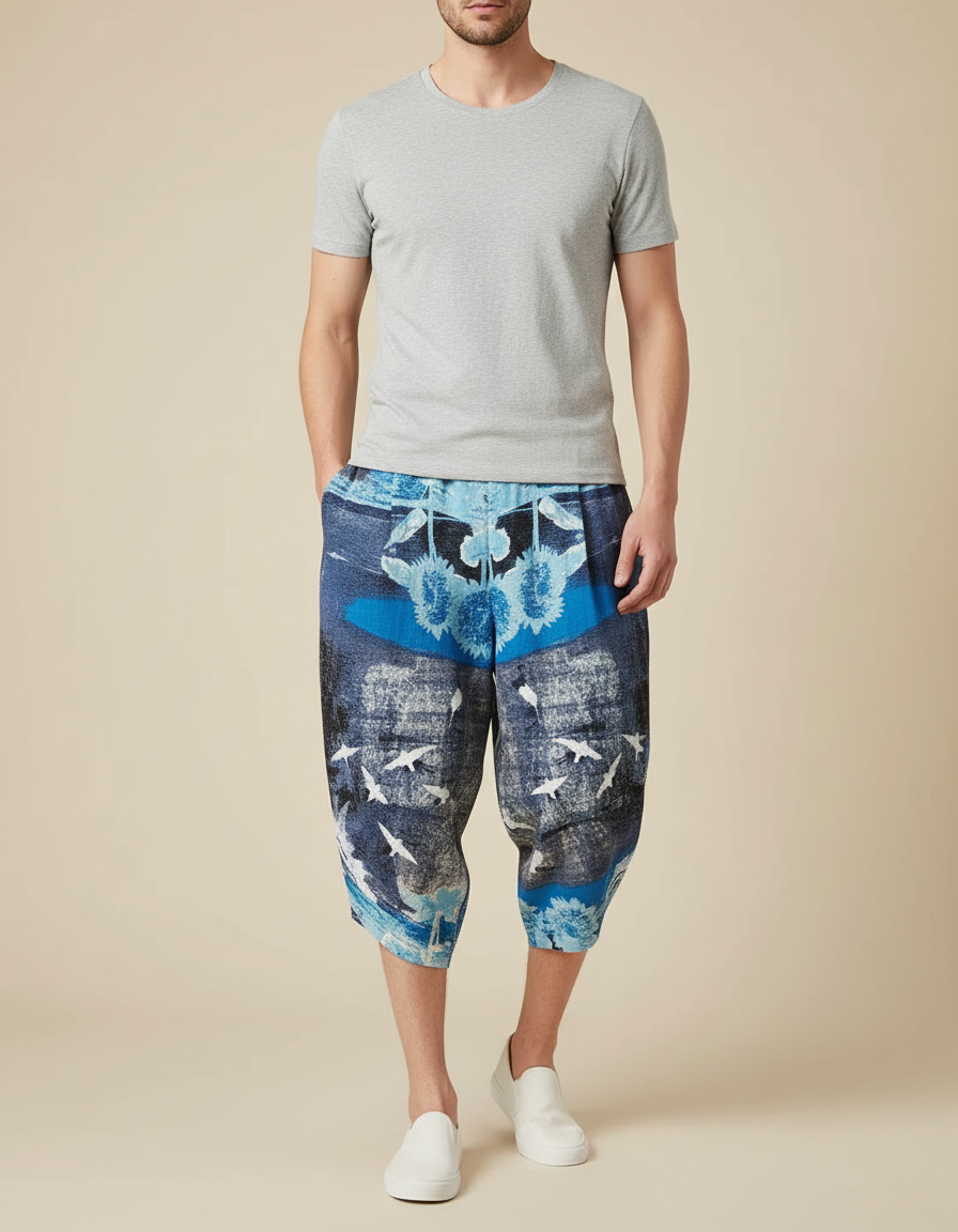 Pantalon Japonais Imprimé Bleu Ample Sarouel Décontracté - Viscose