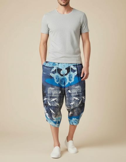 Pantalon Japonais Imprimé Bleu Ample Sarouel Décontracté - Viscose