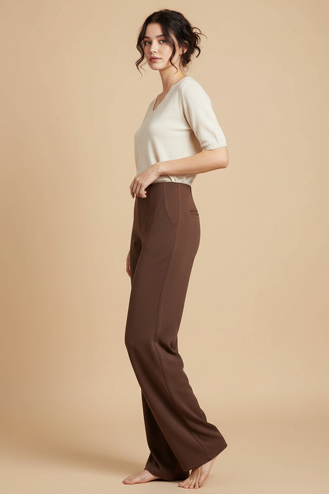 Pantalon Japonais Marron Ample Droit Élégant Femme - Maille