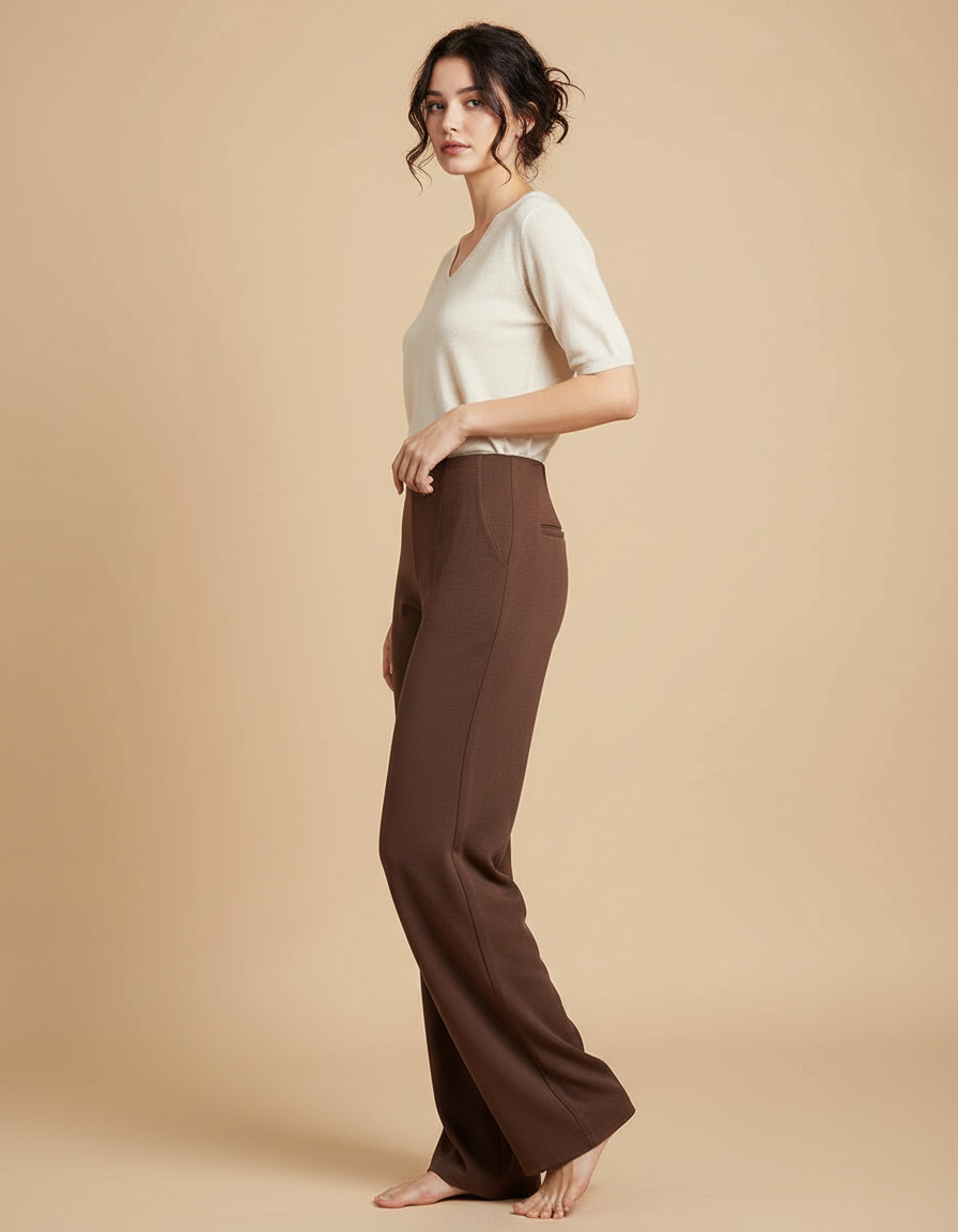Pantalon Japonais Marron Ample Droit Élégant Femme - Maille