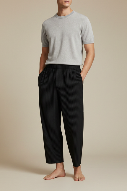 Pantalon Japonais Noir Plissé Ample Homme Décontracté - Polyester