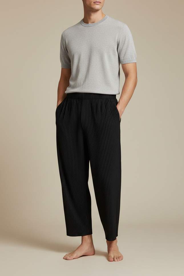 Pantalon Japonais Noir Plissé Ample Homme Décontracté - Polyester