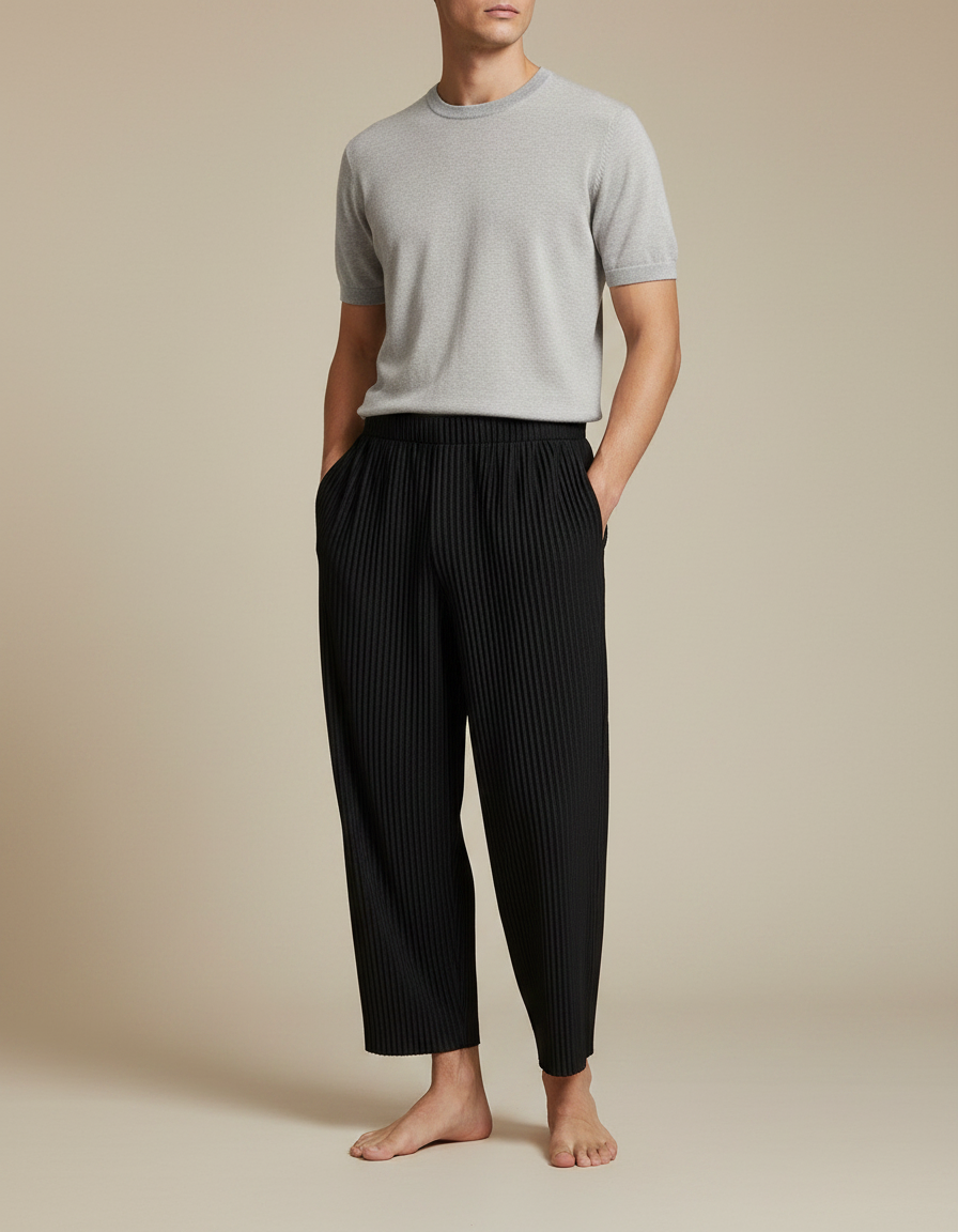 Pantalon Japonais Noir Plissé Ample Homme Décontracté - Polyester