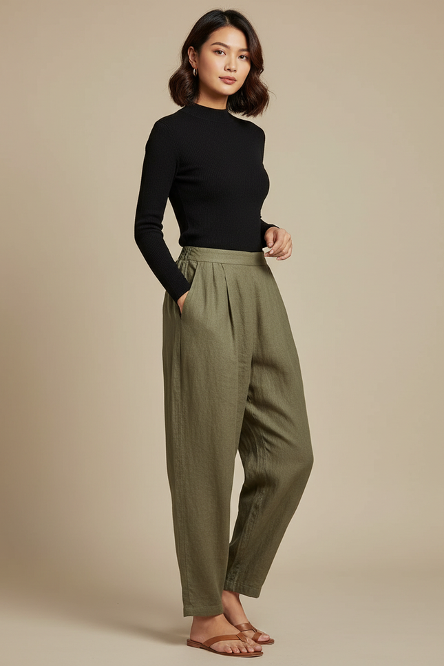Pantalon Japonais Kaki Ample Plissé Fluide Décontracté - Lin