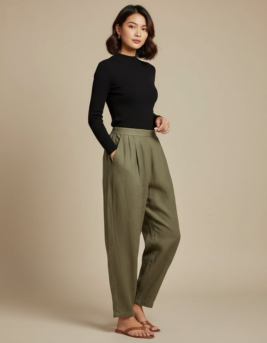 Pantalon Japonais Kaki Ample Plissé Fluide Décontracté - Lin