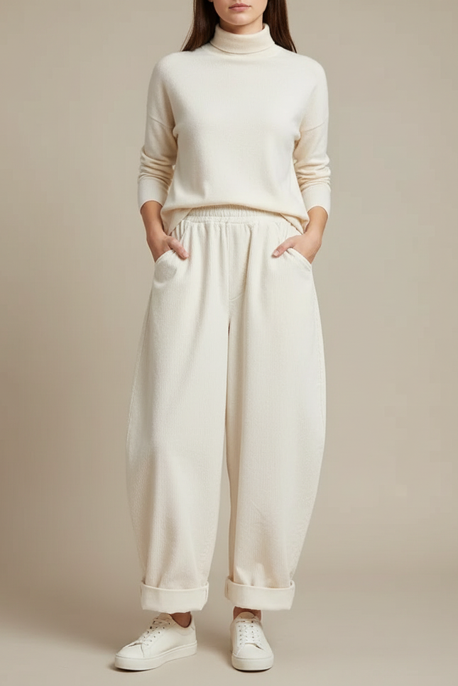 Pantalon Japonais Velours Côtelé Crème Ample Confortable - Beige