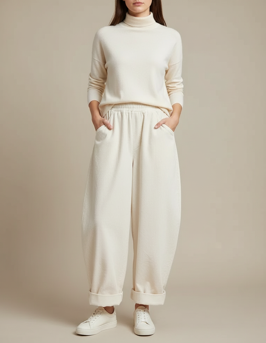 Pantalon Japonais Velours Côtelé Crème Ample Confortable - Beige