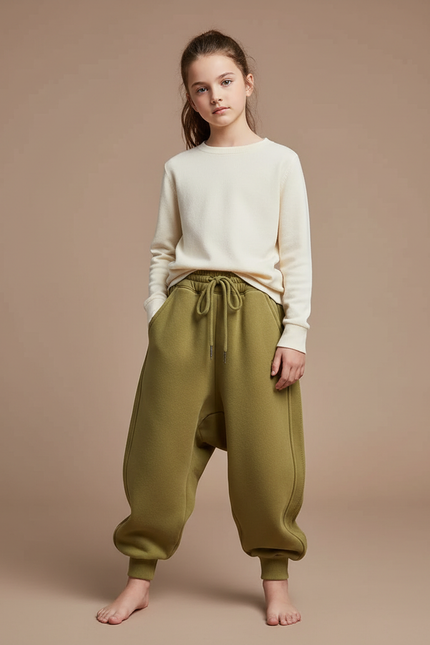 Pantalon Japonais Vert Kaki Ample Molleton Enfant