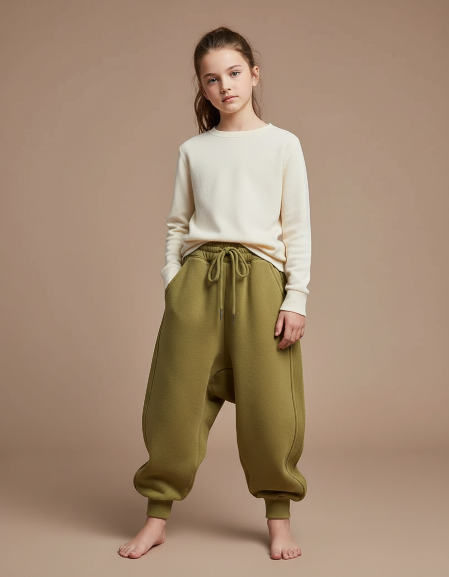 Pantalon Japonais Vert Kaki Ample Molleton Enfant