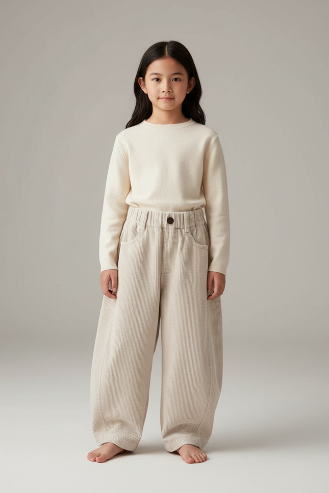 Pantalon Japonais Fille Beige Ample - Cordé