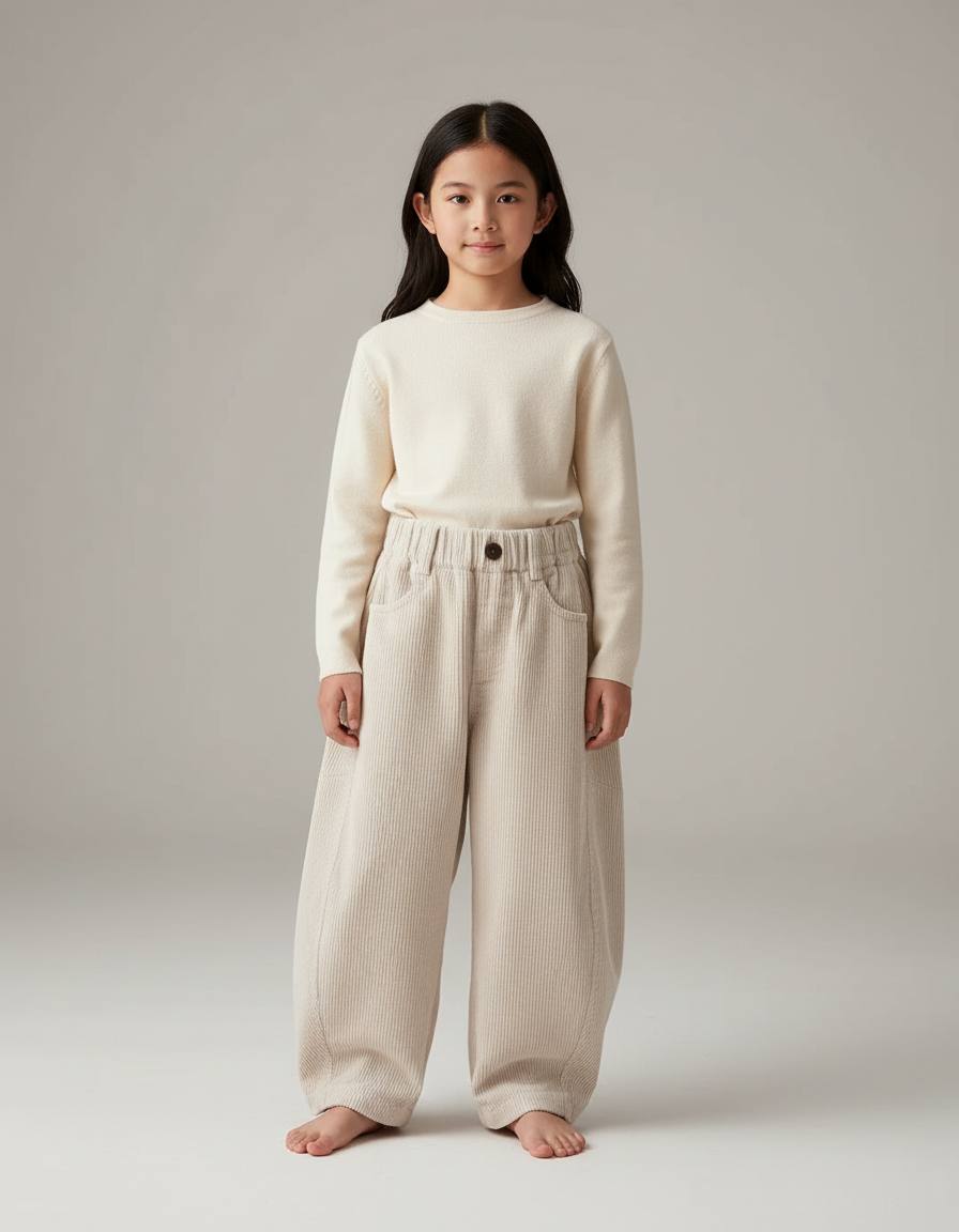 Pantalon Japonais Fille Beige Ample - Cordé