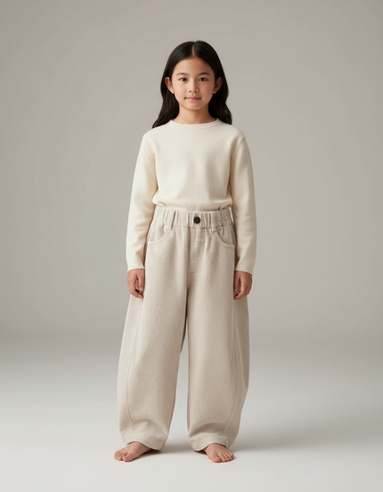Pantalon Japonais Fille Beige Ample - Cordé