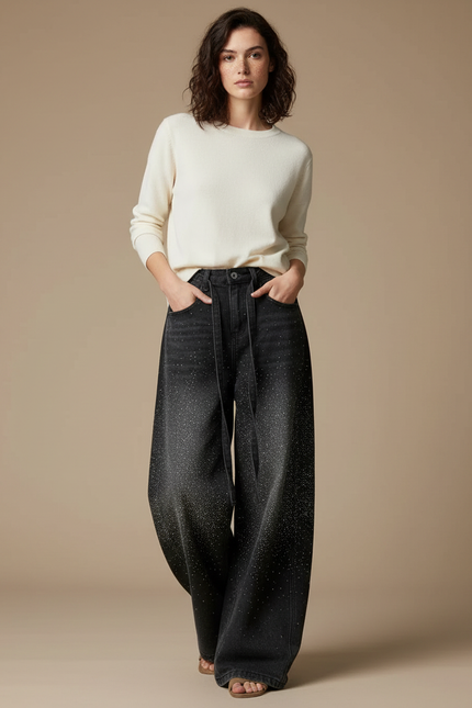 Pantalon Japonais Noir Large Strass Denim Femme - Jean