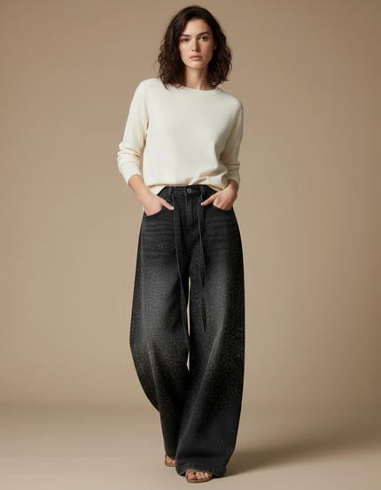 Pantalon Japonais Noir Large Strass Denim Femme - Jean