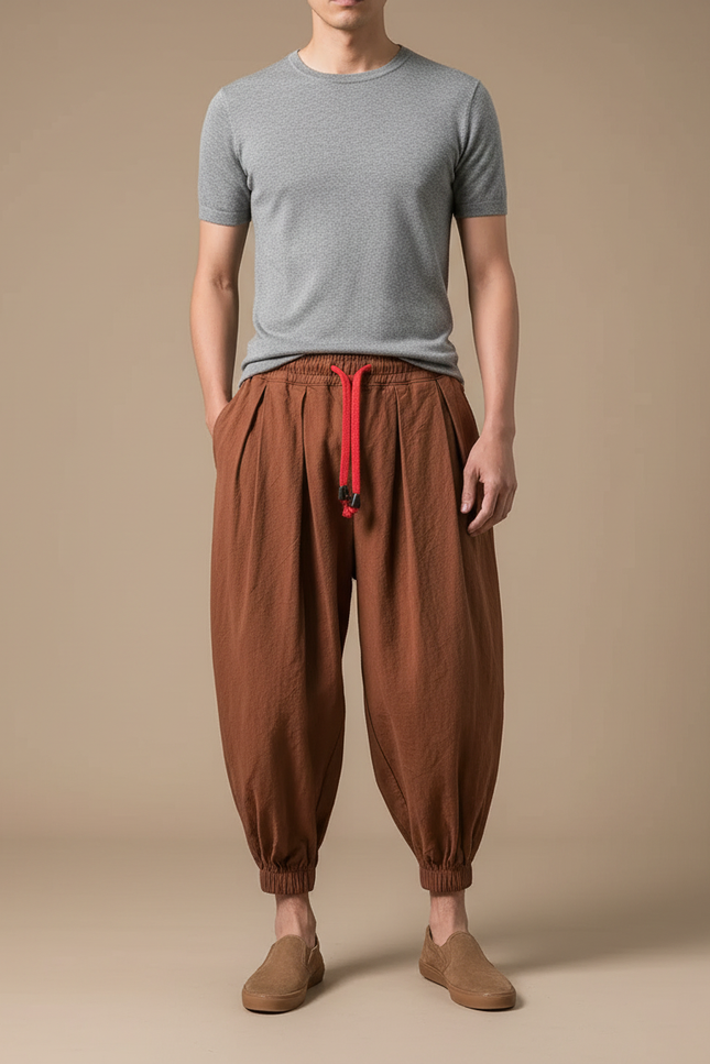 Pantalon Japonais Harem Lin Marron Plissé Cordon Homme