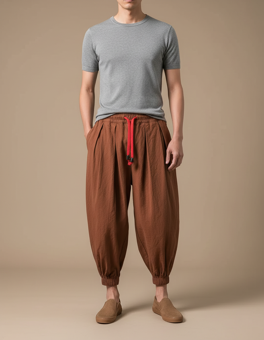 Pantalon Japonais Harem Lin Marron Plissé Cordon Homme