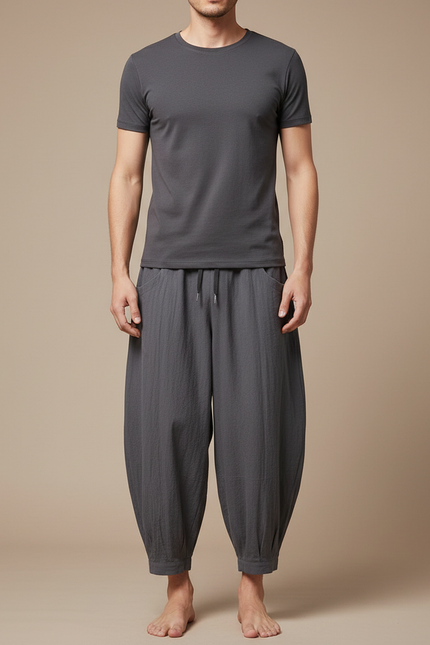 Pantalon Japonais Harem Coton Lin Décontracté Gris Homme