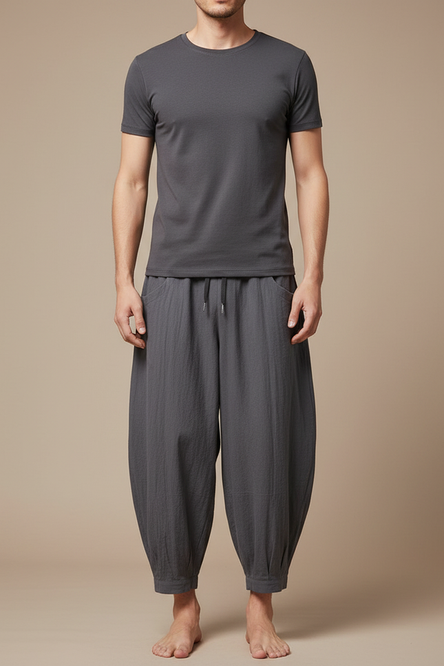 Pantalon Japonais Harem Coton Lin Décontracté Gris Homme