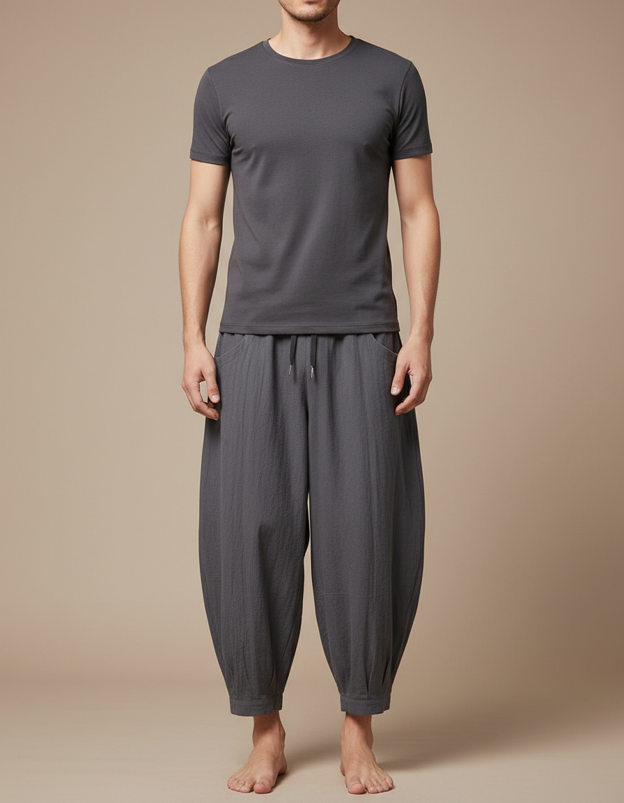 Pantalon Japonais Harem Coton Lin Décontracté Gris Homme