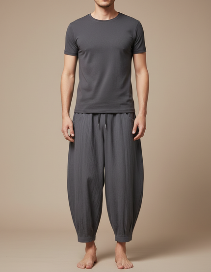 Pantalon Japonais Harem Coton Lin Décontracté Gris Homme