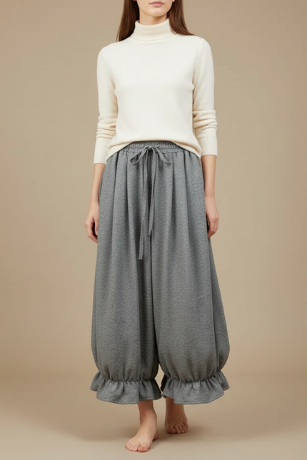 Pantalon Japonais Gris Ample Volants Décontracté Confortable - Molleton