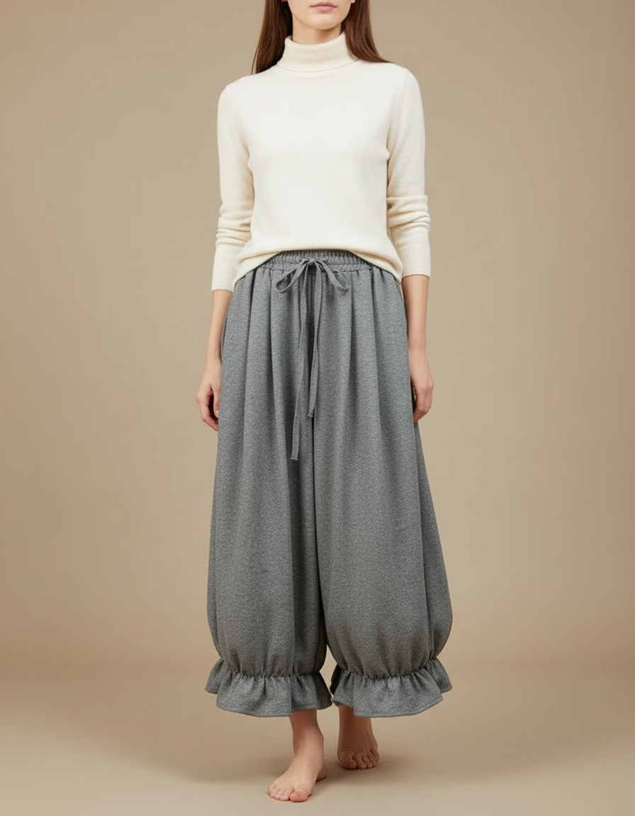 Pantalon Japonais Gris Ample Volants Décontracté Confortable - Molleton