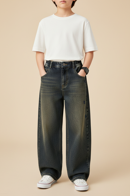 Pantalon Japonais Denim Ample Délavé Enfant - Bleu Jean