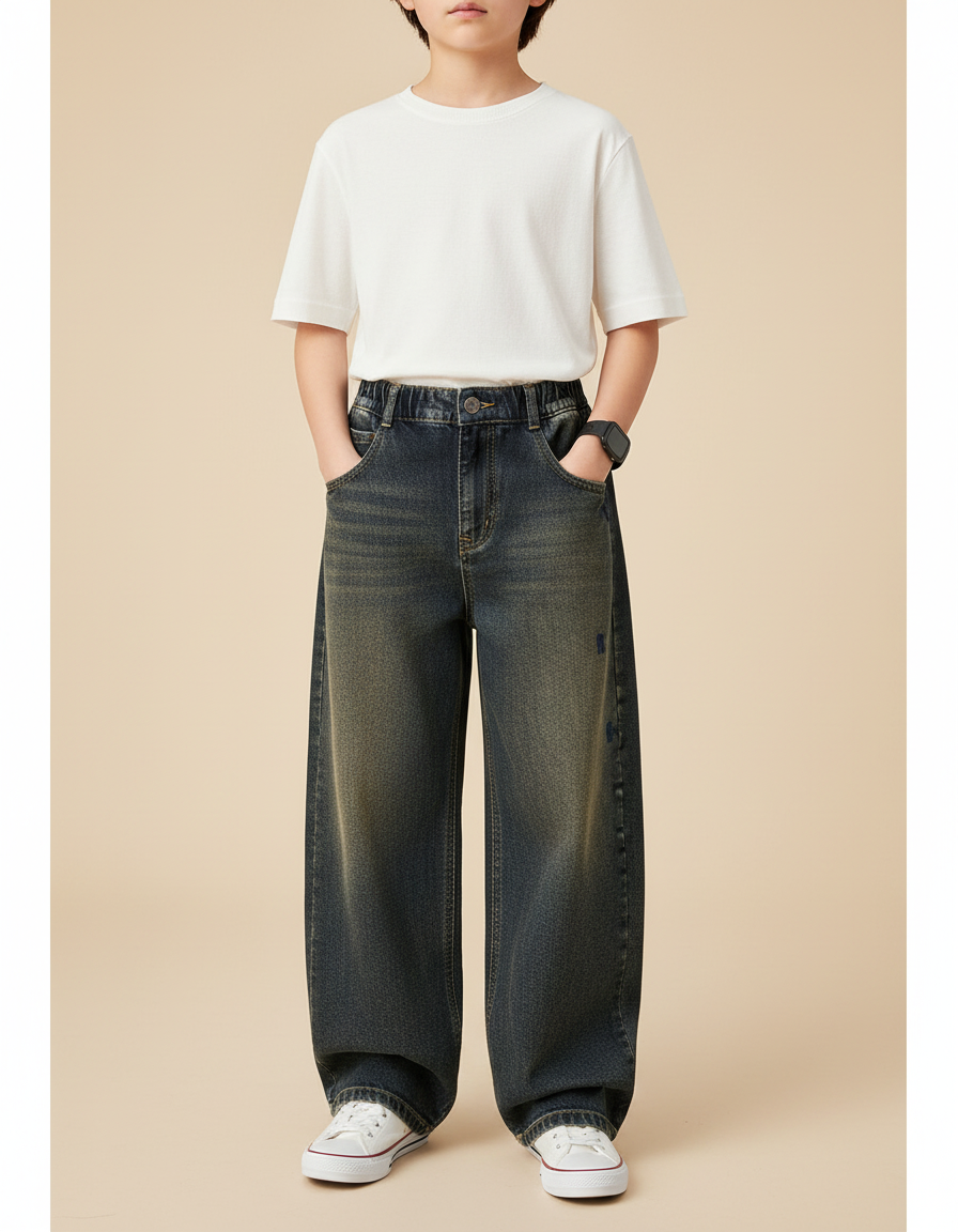 Pantalon Japonais Denim Ample Délavé Enfant - Bleu Jean