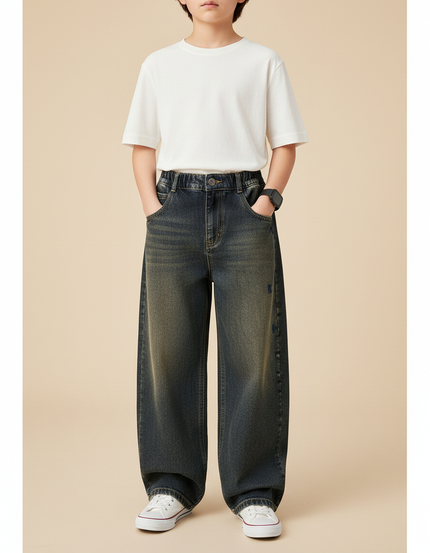 Pantalon Japonais Denim Ample Délavé Enfant - Bleu Jean