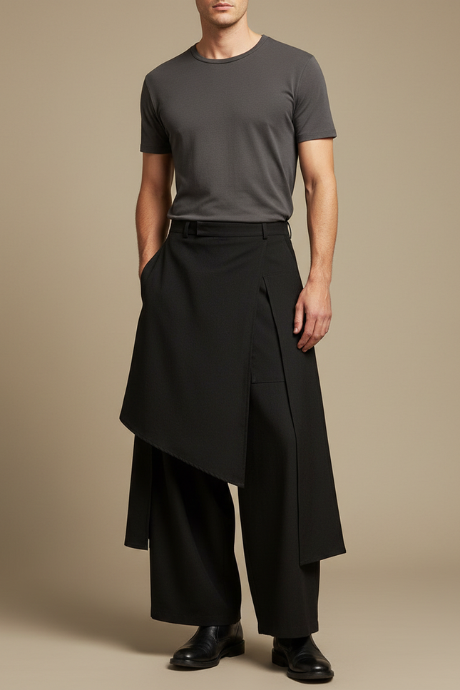 Pantalon Japonais Noir Asymétrique Ample Superposé Gothique - Polyester