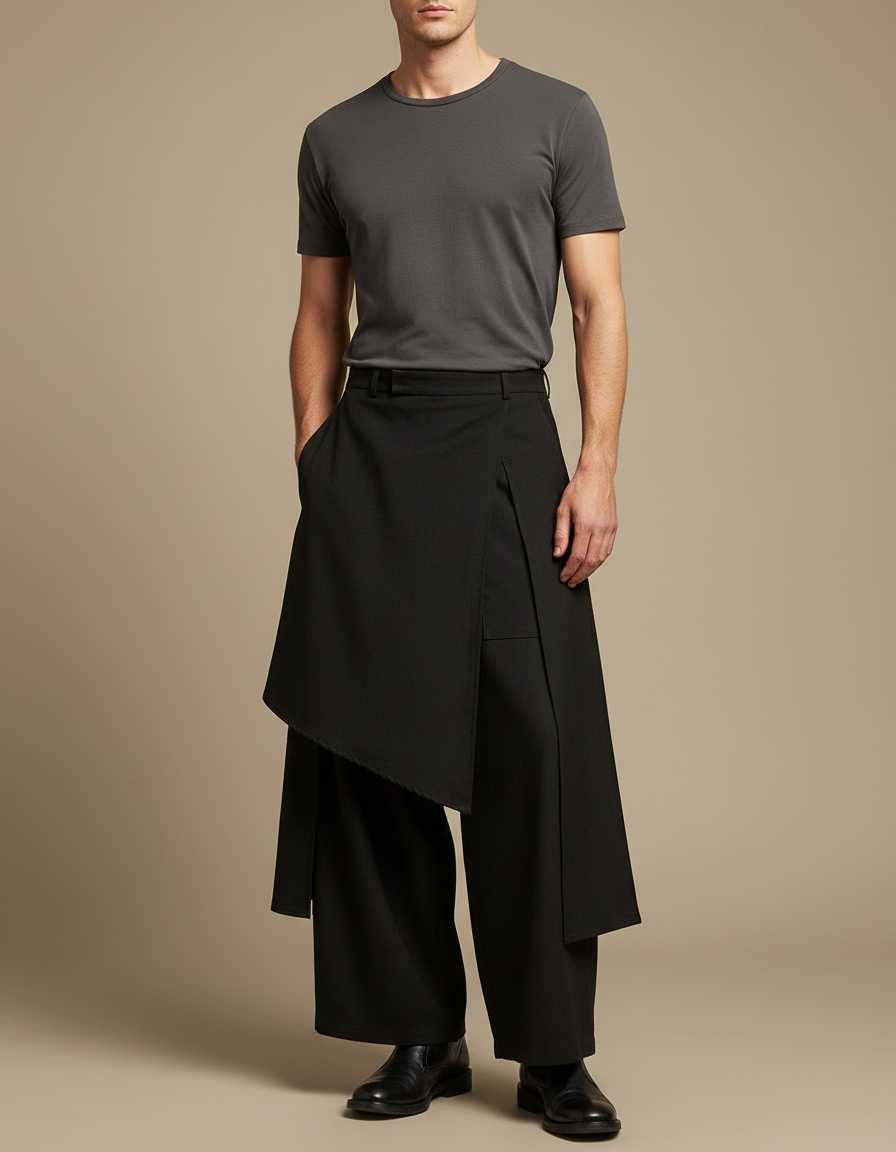 Pantalon Japonais Noir Asymétrique Ample Superposé Gothique - Polyester