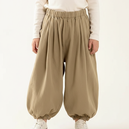 Pantalon Japonais Ample Coton Beige Élastique Enfant - Kaki