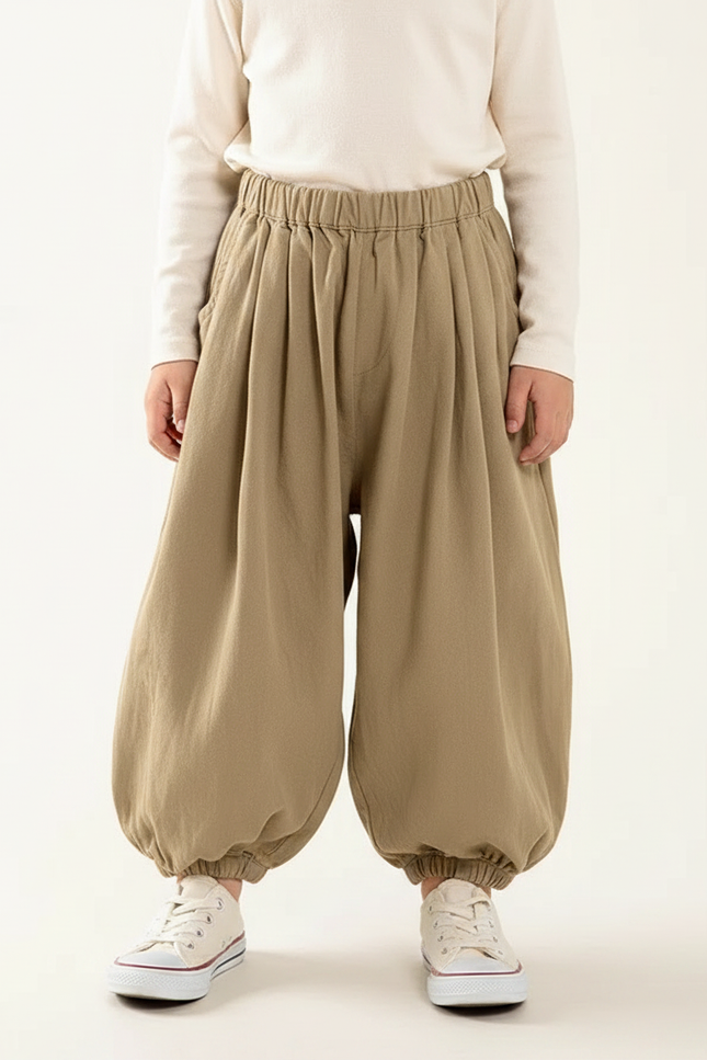 Pantalon Japonais Ample Coton Beige Élastique Enfant - Kaki