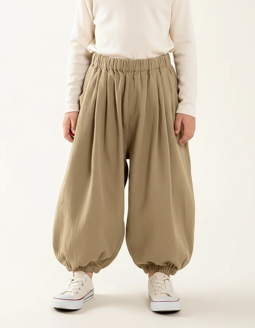 Pantalon Japonais Ample Coton Beige Élastique Enfant - Kaki
