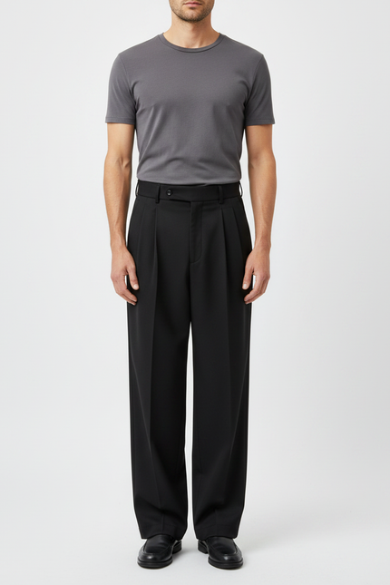 Pantalon Japonais Noir Plissé Ample Homme Élégant - Gabardine