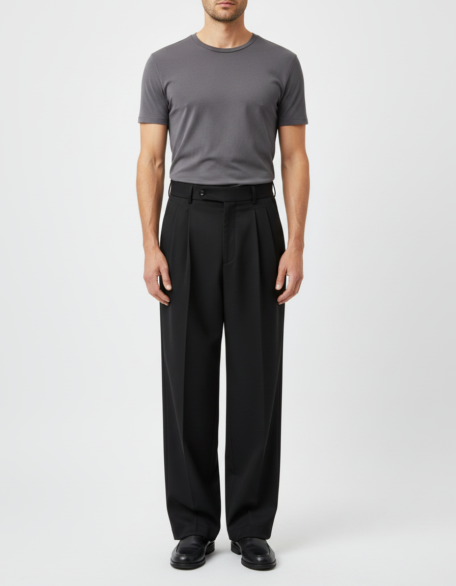 Pantalon Japonais Noir Plissé Ample Homme Élégant - Gabardine