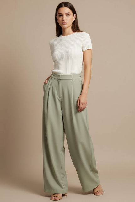 Pantalon Japonais Vert Ample Fluide Décontracté Femme - Polyester