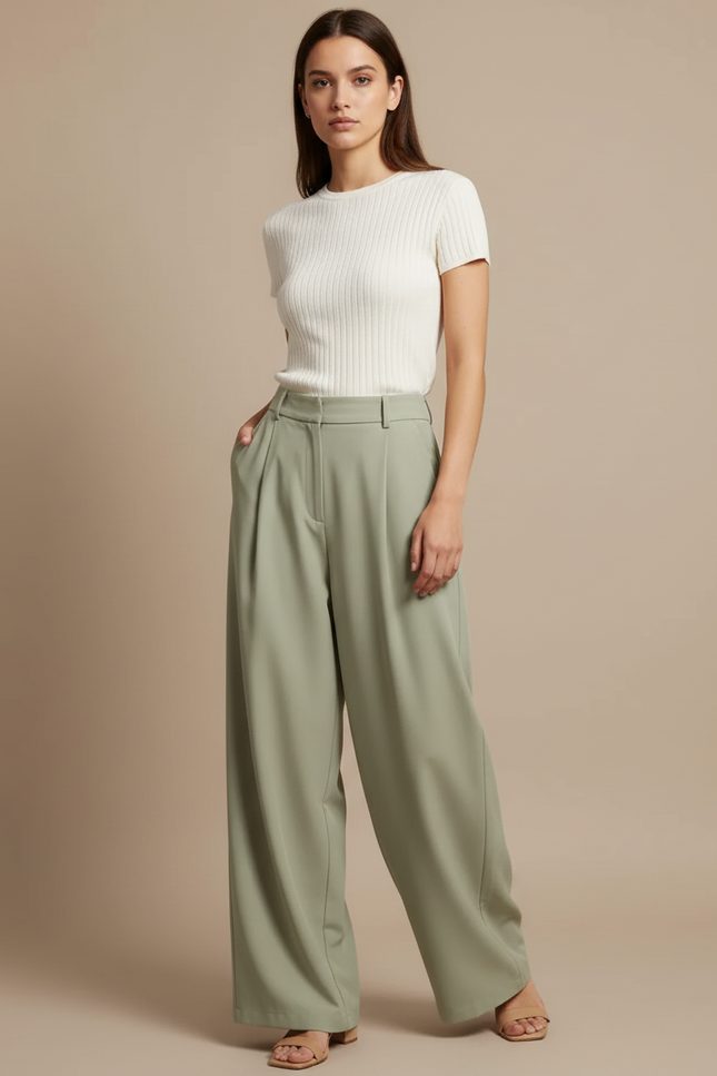 Pantalon Japonais Vert Ample Fluide Décontracté Femme - Polyester