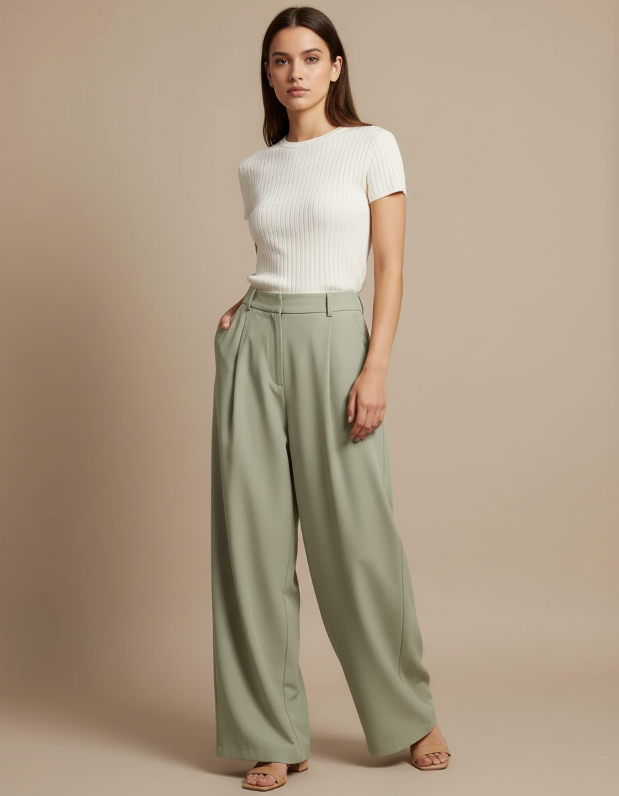 Pantalon Japonais Vert Ample Fluide Décontracté Femme - Polyester