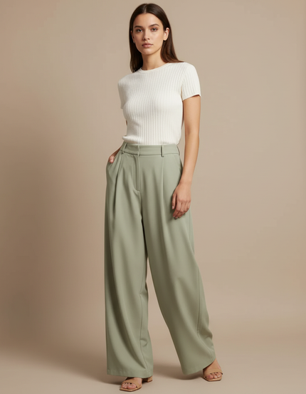Pantalon Japonais Vert Ample Fluide Décontracté Femme - Polyester