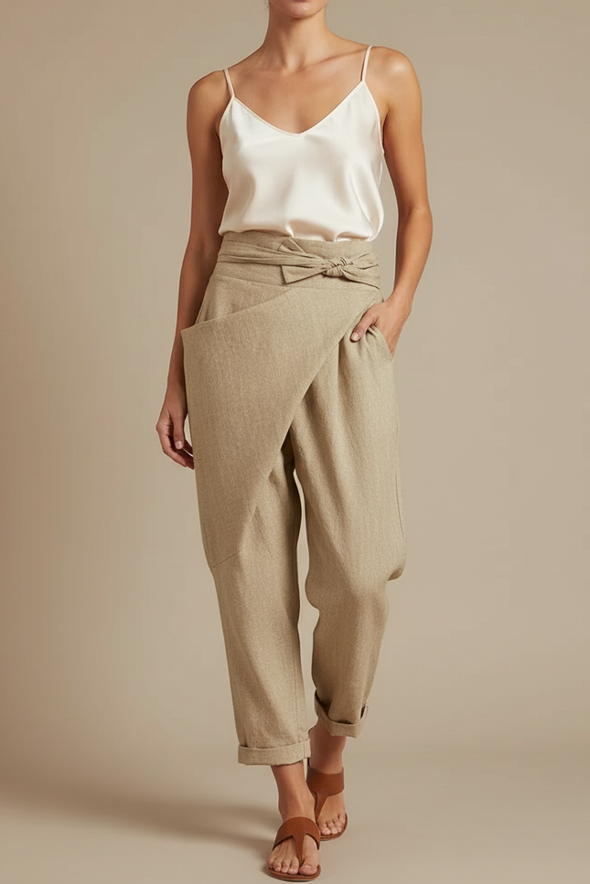 Pantalon Japonais Beige Lin Fluide Évasé Élégant