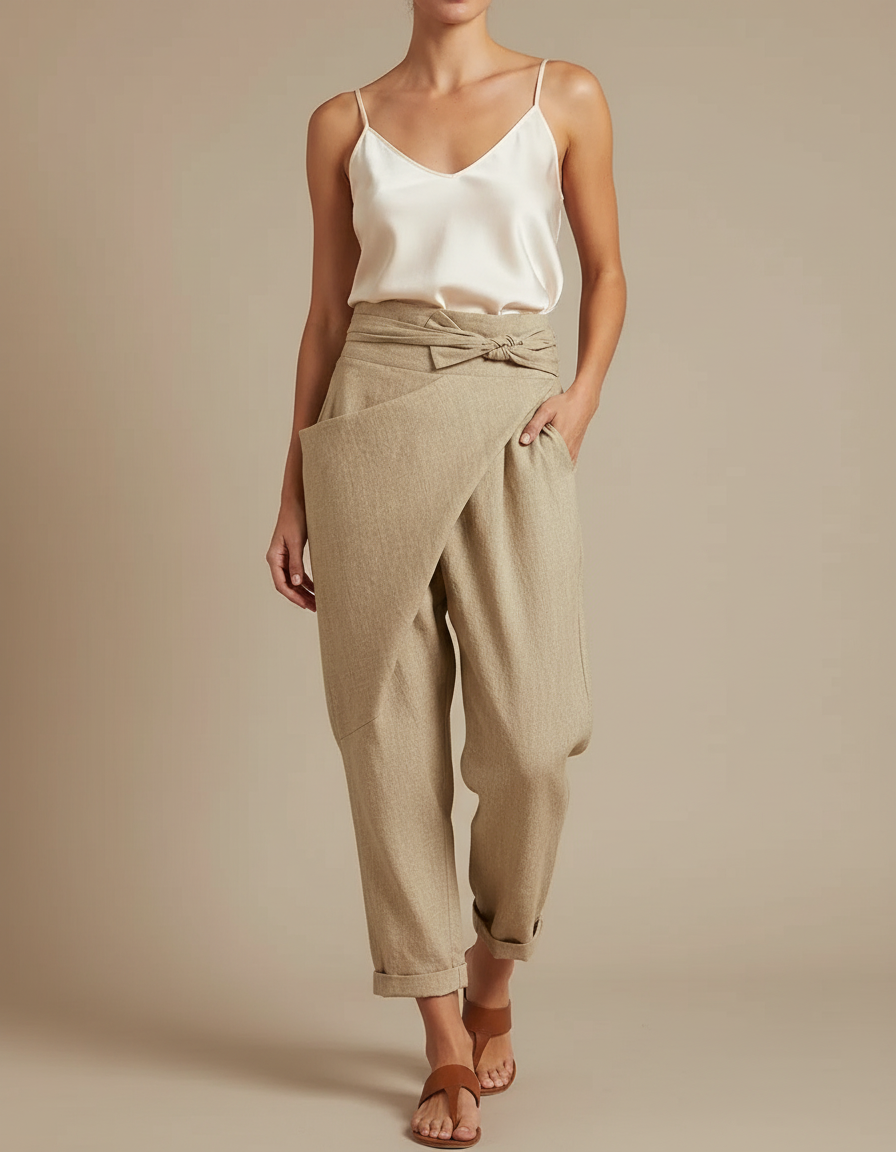 Pantalon Japonais Beige Lin Fluide Évasé Élégant
