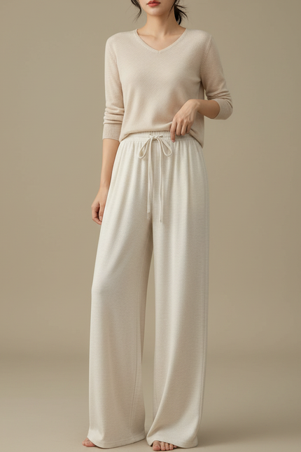 Pantalon Japonais Crème Droit Ample Confortable Cordon - Beige Molleton