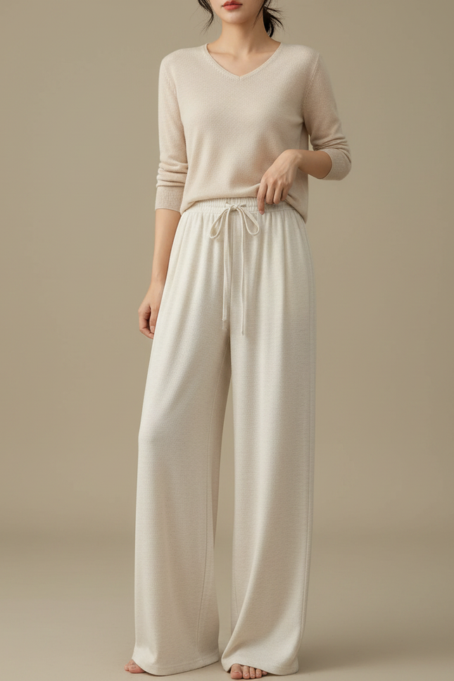 Pantalon Japonais Crème Droit Ample Confortable Cordon - Beige Molleton