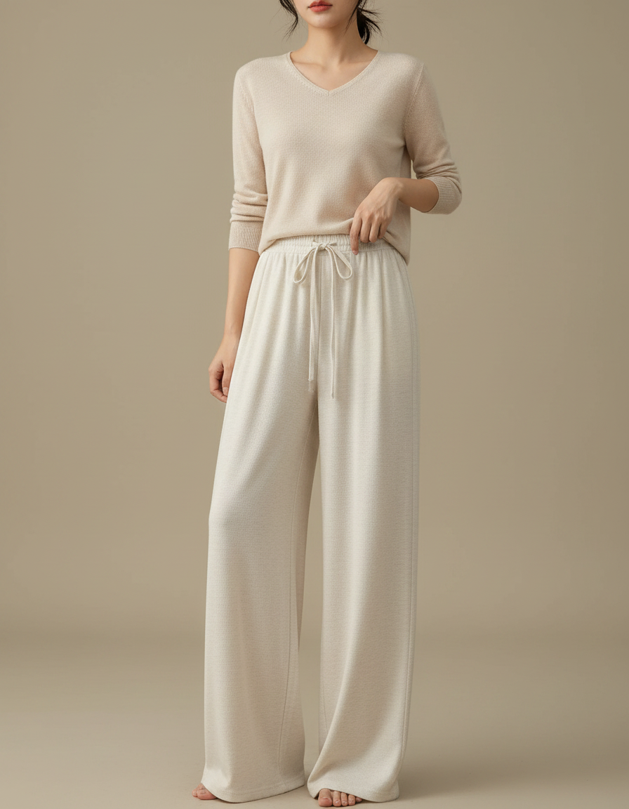 Pantalon Japonais Crème Droit Ample Confortable Cordon - Beige Molleton