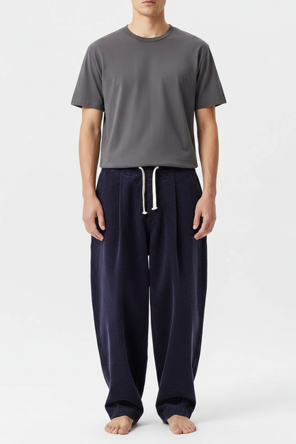 Pantalon Japonais Velours Côtelé Bleu Ample Confortable - Marine Cordé