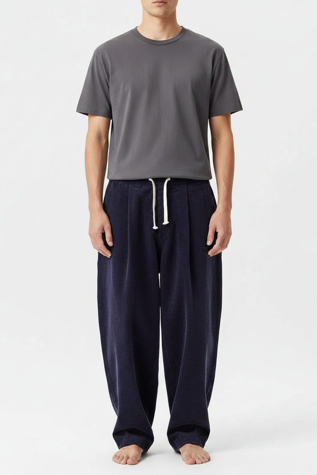 Pantalon Japonais Velours Côtelé Bleu Ample Confortable - Marine Cordé