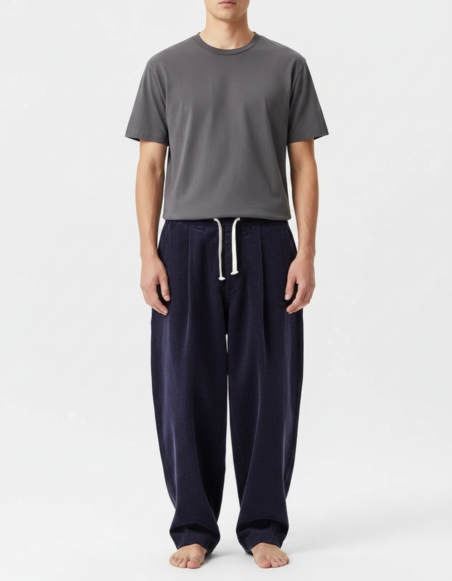 Pantalon Japonais Velours Côtelé Bleu Ample Confortable - Marine Cordé