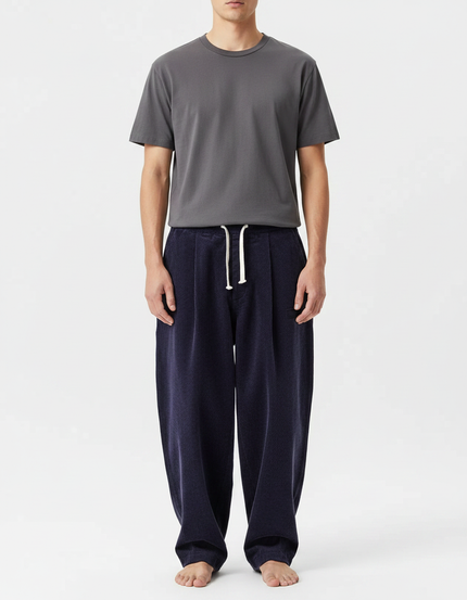 Pantalon Japonais Velours Côtelé Bleu Ample Confortable - Marine Cordé