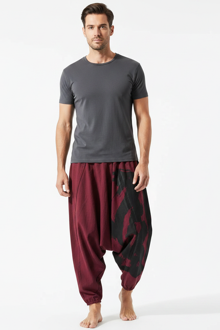 Pantalon Japonais Sarouel Ample Rouge Imprimé Ethnique - Bordeaux Coton